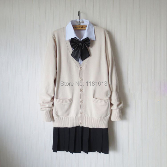 Japoński mundurek szkolny kompletny garnitur: migdałowy sweter kardigan, beżowy długi rękaw koszula, czarna plisowana spódnica - tanie ubrania i akcesoria
