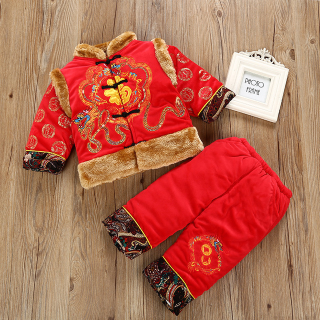 Zestaw 2021 dziecięcy strój Tang w stylu chińskim - aksamitna Hanfu Top + spodnie zimowe na festiwal Nowego Roku - tanie ubrania i akcesoria