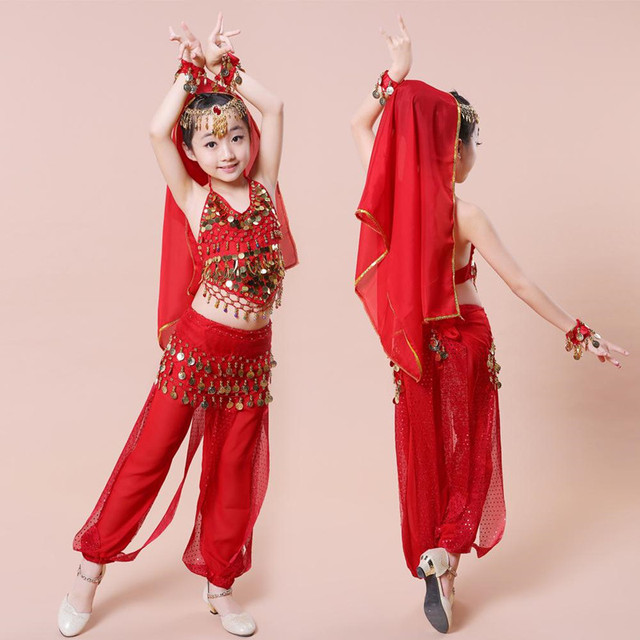 Kostium indyjski Sari do tańca dla dzieci - Bollywood, czerwony/różowy/żółty - 2017, 2-5 sztuk - tanie ubrania i akcesoria
