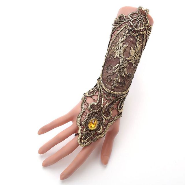 Rękawiczki damskie Retro Flapper z haftowaną koronką bez palców w kratkę ze Steampunk biżuterią na nadgarstku - tanie ubrania i akcesoria
