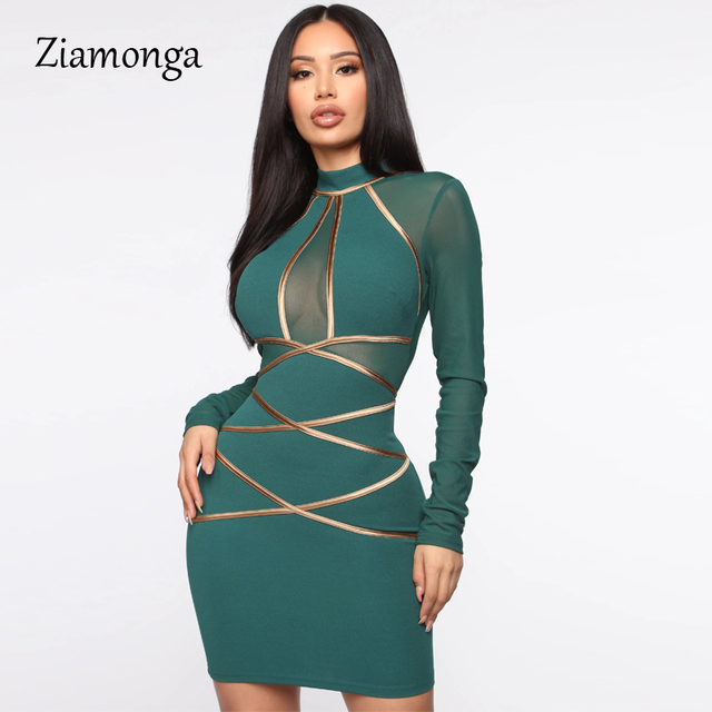Nowa zimowa sukienka z długim rękawem, koronką i dekoltem w klubowym stylu - Ziamonga 2020 - tanie ubrania i akcesoria