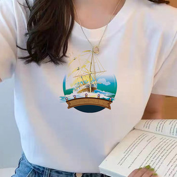Koreańska Casual T-shirt damska o kroju O-neck i krótkim rękawie z graficznym nadrukiem statku - Oversize