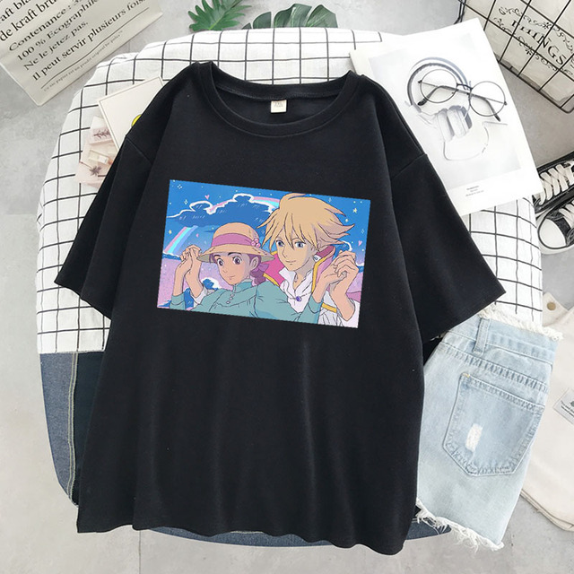 Koszulka damsk̨a z nadrukiem Japonia Anime z filmu Ruchomy zamek Howla - krótki rękaw, różowa, Ulzzang Ghibli vintage, punk, Harajuku - tanie ubrania i akcesoria