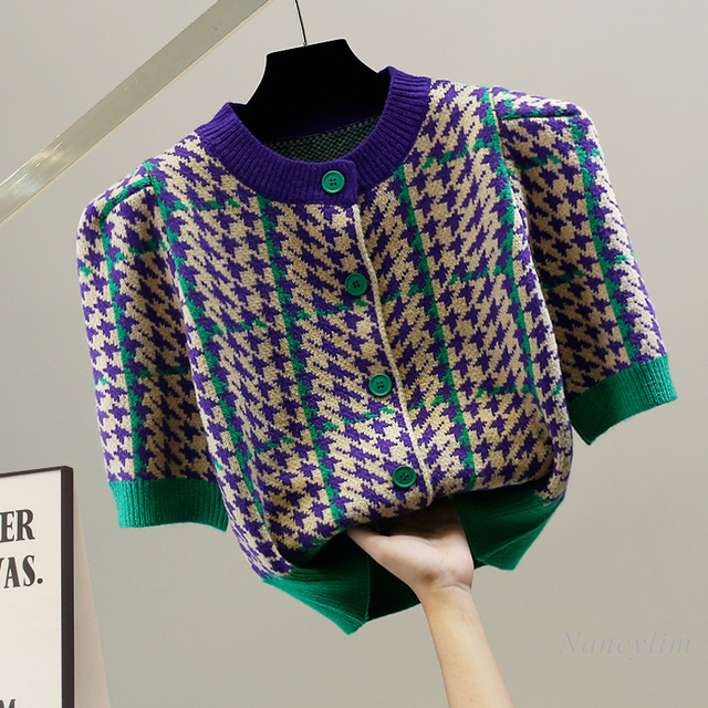 Krótki Sweter Damski Houndstooth z Bufiastymi Rękawami w Koreanskim Stylu - tanie ubrania i akcesoria