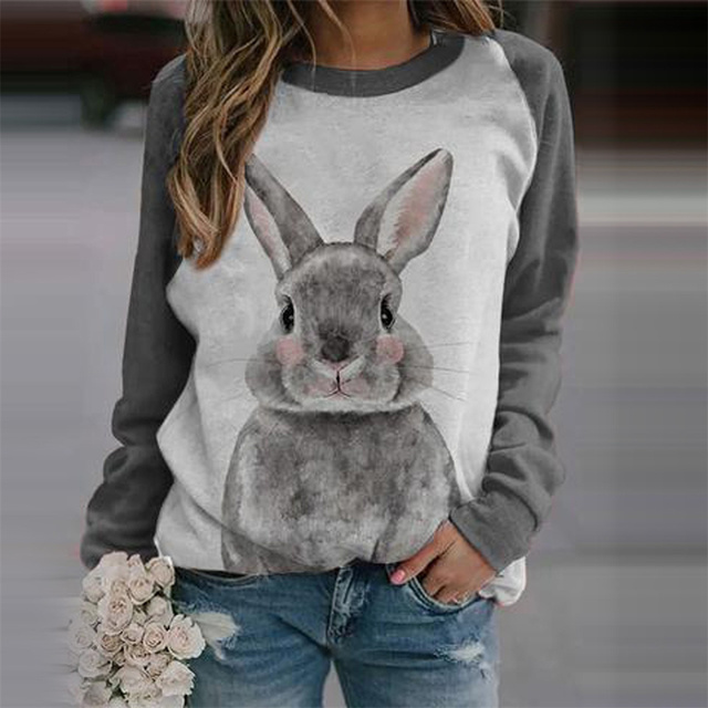 Damska koszulka patchworkowa z długim rękawem i nadrukiem królika - jesień 2021 - tanie ubrania i akcesoria