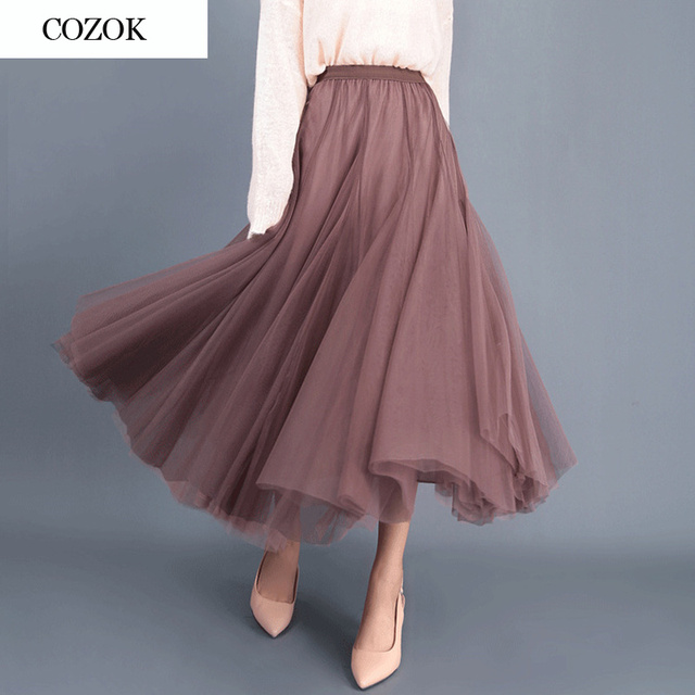 Tiulowa elastyczna spódnica kobiety w stylu koreańskim Tutu 2021 wiosna lato - długa, plisowana, czarna/Khaki - tanie ubrania i akcesoria