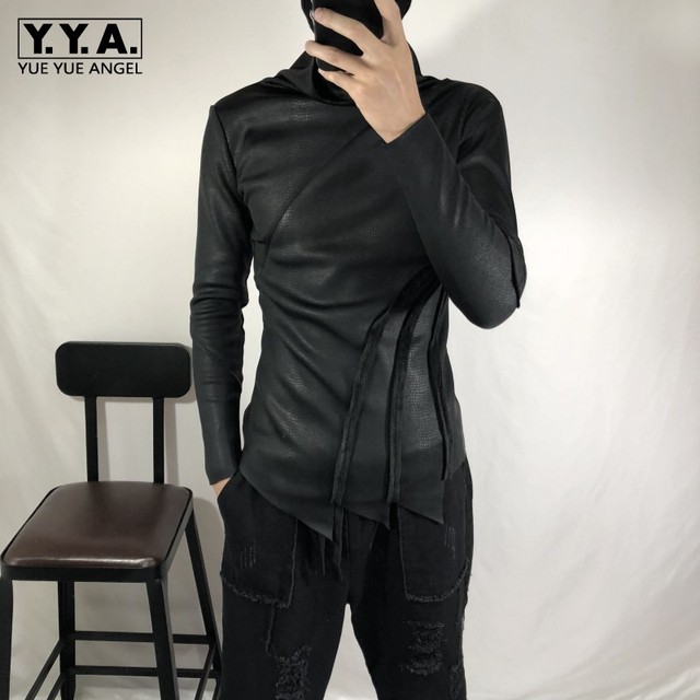 Koszulka męska z długim rękawem, nieregularny fason, gruba, osobowościowa, dopasowana, ciepła, w stylu ulicznym, w kolorze czarnym, rozmiary S-2XL - tanie ubrania i akcesoria
