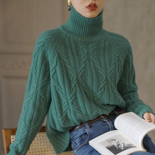Damski kaszmirowy luźny sweter na szyję - jesienno-zimowy, długi rękaw+moda uliczna - tanie ubrania i akcesoria