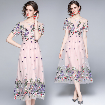 Elegancka haftowana sukienka Simgent Midi dla kobiet w linii kwiatowej z krótkim rękawem lato Femme SG14273