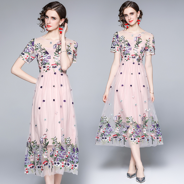 Elegancka haftowana sukienka Simgent Midi dla kobiet w linii kwiatowej z krótkim rękawem lato Femme SG14273 - tanie ubrania i akcesoria