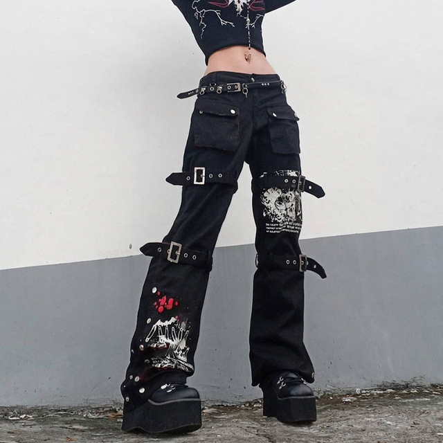 Czarne spodnie capri Ruibbit Y2K Punk z nadrukiem czaszki i dużą kieszenią, wysoki stan, Harajuku, Goth Mall, moda Grunge - tanie ubrania i akcesoria