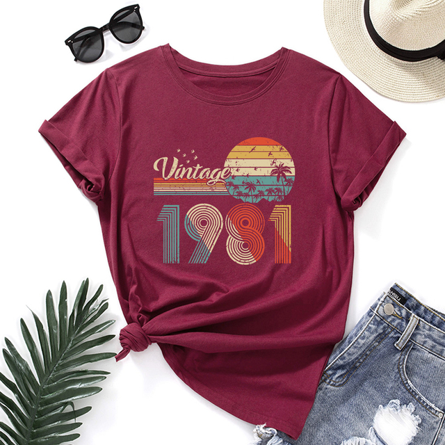 Koszula damska z krótkim rękawem Vintage 1981 - Graficzna uszyta z bawełny na 40. urodziny, idealny prezent! - tanie ubrania i akcesoria
