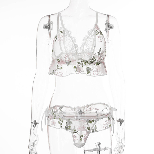 Seksowny komplet bielizny - przezroczysty kwiatowy biustonosz push-up, rajstopy, pończochy z podwiązkami - pokusa zmysłowa bielizna - tanie ubrania i akcesoria