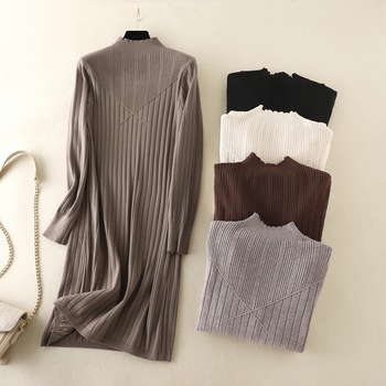 Elegancka sukienka-swieter w stylu trapez z wysokim golfem jesień 2021/zima - nowa kolekcja midi sukienek sweterkowych dla kobiet - dzianinowa baza vestidos