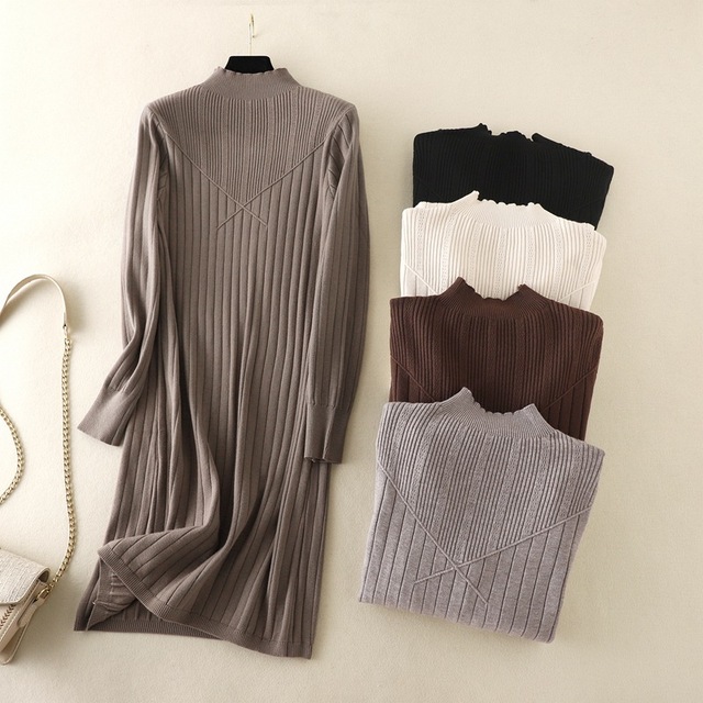 Elegancka sukienka-swieter w stylu trapez z wysokim golfem jesień 2021/zima - nowa kolekcja midi sukienek sweterkowych dla kobiet - dzianinowa baza vestidos - tanie ubrania i akcesoria