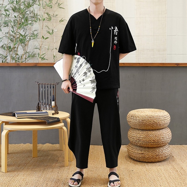 Lato - tradycyjny chiński styl - pościel - strój Tang - mężczyźni - Hanfu Casual - etniczny nadruk - krótki rękaw - T-Shirt - Kung Fu - tanie ubrania i akcesoria