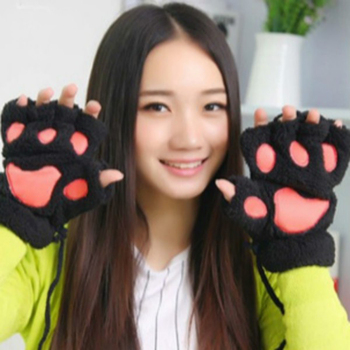 Rękawiczki zimowe damskie bez palców pluszowe niedźwiedzie kot rękawiczki puszyste