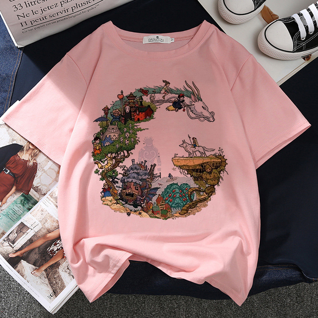 Różowa koszulka damskiego T-shirtu WVIOCE Harajuku z japońskim animowanym nadrukiem Kawaii - luźne ubranie dla kobiet - tanie ubrania i akcesoria
