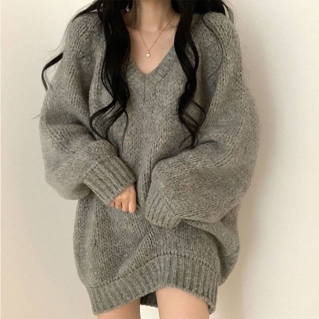 Sweter w szpic, damski, Y2K student koreański styl, leniwy, cienki i wszechstronny, średniej długości dzianinowy top 2021 - tanie ubrania i akcesoria