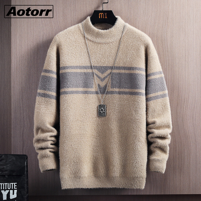 Męski sweter jesienno-zimowy z 2021 roku o wysokiej jakości, casualowy, z okrągłym dekoltem i modnym patchworkiem - tanie ubrania i akcesoria