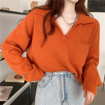 Skręcony w dół pomarańczowy sweter dla kobiet Lucyever - wiosna 2021, Harajuku, styl koreański, casual