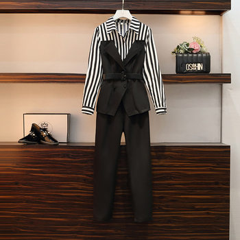 Elegancki garnitur damski z dwuczęściowym printem i modnymi paskami, idealny do pracy (duże rozmiary)