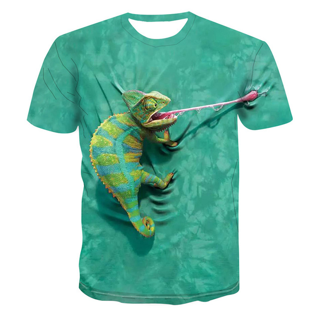 Nowa 2021 letnia męska koszulka z nadrukiem zwierzęcym 3D - Kameleon, szybkoschnąca, krótki rękaw - tanie ubrania i akcesoria