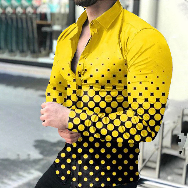 Męska nieformalna koszula z długim rękawem, wzór cyfrowy w stylu polka dot, zapinana na guziki - dostępna w rozmiarach S-3XL - tanie ubrania i akcesoria