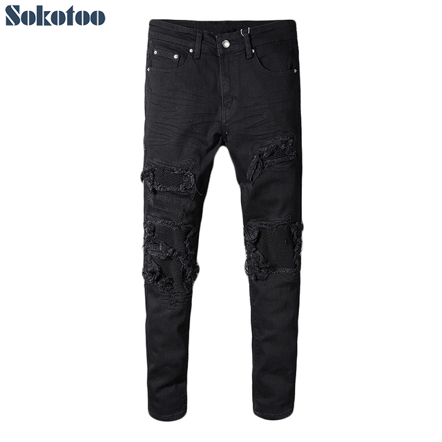 Męskie czarne jeansy patchworkowe marki Sokotoo o dopasowanym kroju, idealne dla motocyklistów - tanie ubrania i akcesoria