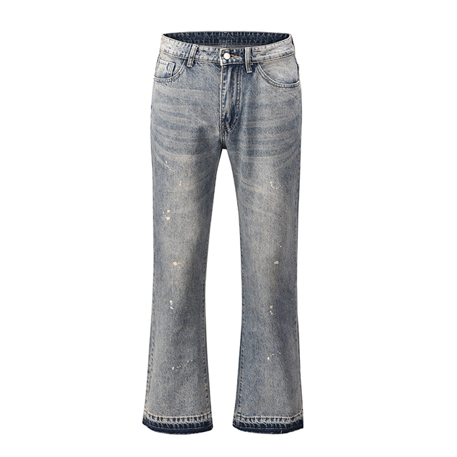 Spodnie męskie: Retro dżinsy z nadrukiem atramentu - szerokie nogawki, rozkloszowany fason, styl Harajuku - tanie ubrania i akcesoria