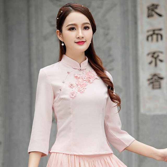 Różowa bluzka Chiński Styl Cheongsam - bawełna, Qipao, Plus rozmiar 4XL - tanie ubrania i akcesoria