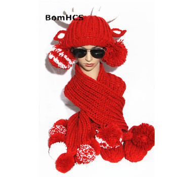 BomHCS zimowy zestaw: śliczne poroża kapelusz + szalik + rękawiczki w garniturze, wykonane z ciepłej, ręcznie dzierganej wełny