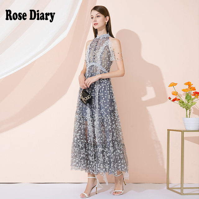 Luksusowa sukienka bez rękawów z siatkowym haftem w kwiaty i koronką - RoseDiary 2021 - tanie ubrania i akcesoria