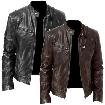 Męska skórzana kurtka w rozmiarze plus 2021, kolor czarny lub brązowy z wysokim stojakiem i motocyklowym stylem