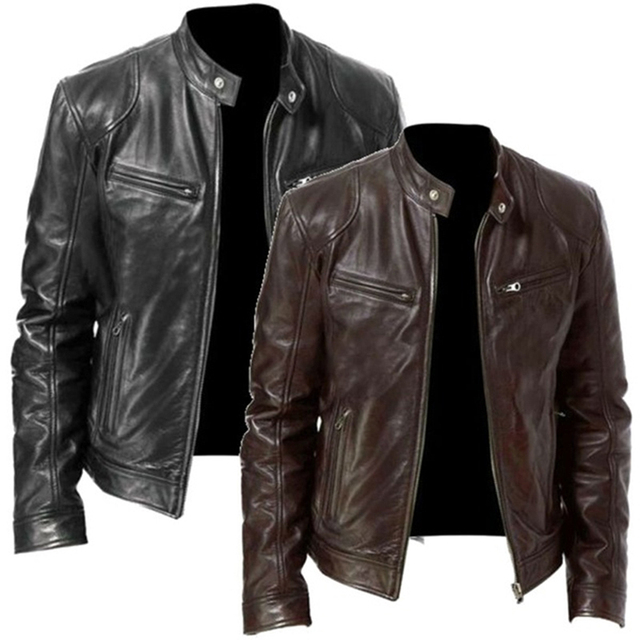 Męska skórzana kurtka w rozmiarze plus 2021, kolor czarny lub brązowy z wysokim stojakiem i motocyklowym stylem - tanie ubrania i akcesoria