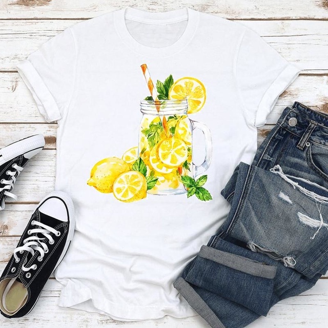 Koszulka damska krótki rękaw z printem cytryny - lato, wakacje, moda plażowa - tanie ubrania i akcesoria