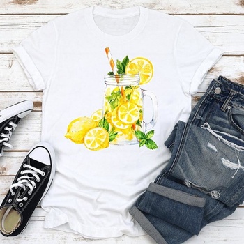 Koszulka damska krótki rękaw z printem cytryny - lato, wakacje, moda plażowa