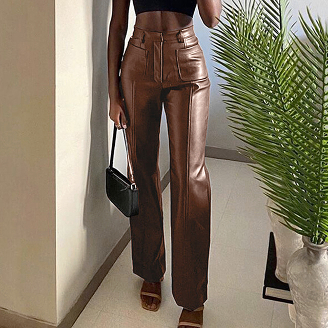 Eleganckie spodnie damskie capri z wysokim stanem w brązowym kolorze, wykonane ze sztucznej skóry, na jesień i zimę 2021 - tanie ubrania i akcesoria