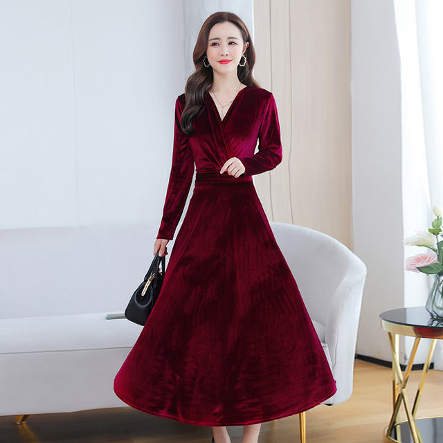 Sukienka damska jesienna/zimowa 2020, aksamitna w jednolitym kolorze, w rozmiarach M-4XL, z dekoltem w serek i wysoką jakością, elegancka długa sukienka lit. Runway - tanie ubrania i akcesoria
