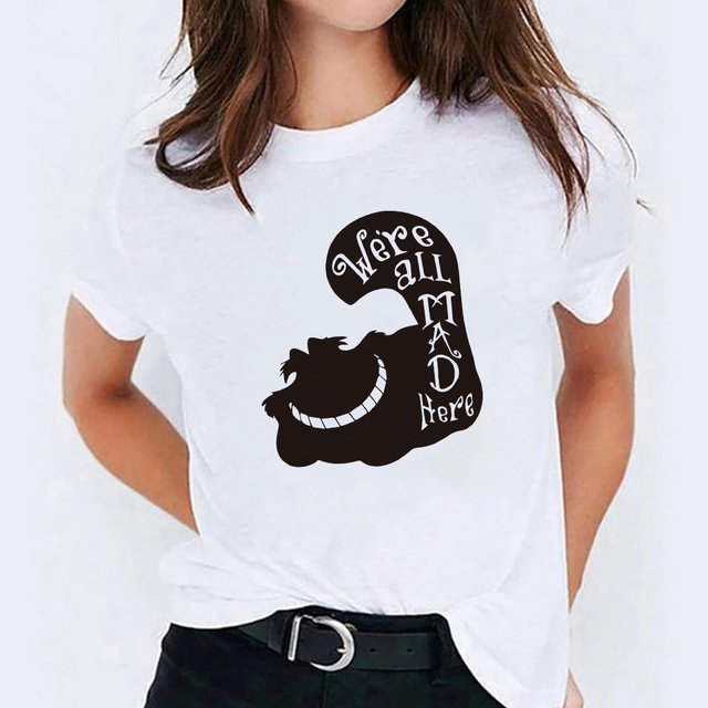 Letni T-shirt Femme Sexy Alicja w Krainie Czarów z Wzorem Cheshire Cat Streetwear - tanie ubrania i akcesoria