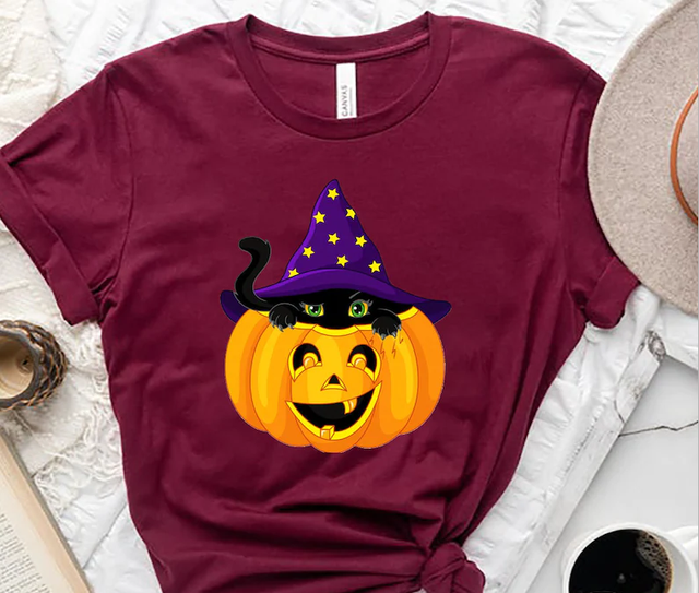 Koszulka damska z motywem Halloween - Czarny kotek, dynia, czarownica - strasznie zabawna i duchowa - 100% bawełny - O-neck - dla codziennego noszenia - tanie ubrania i akcesoria
