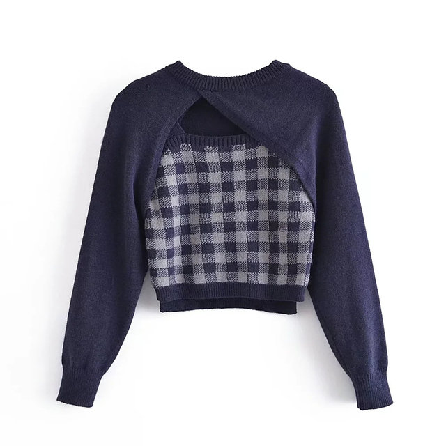 Niebieski sweter XIKOM 2021 jesień z dwuczęściowym wzorem Plaid i długimi rękawami - tanie ubrania i akcesoria