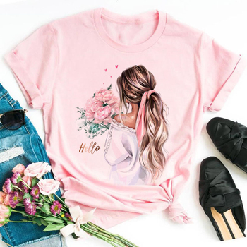 Koszulka damska z krótkim rękawem z nadrukiem kwiatowym w różowym kolorze - WVIOCE New Fashion Flower Girl Print