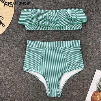 Zielono-paskowy dwuczęściowy strój kąpielowy push-up z wysokim stanem i bez ramiączek, idealny na plażę lub basen