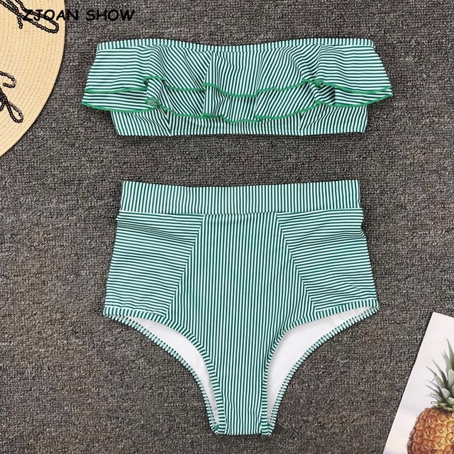Zielono-paskowy dwuczęściowy strój kąpielowy push-up z wysokim stanem i bez ramiączek, idealny na plażę lub basen - tanie ubrania i akcesoria