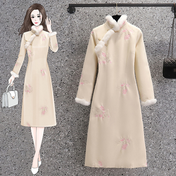 Sukienka Cheongsam Retro Temperament z jesiennej kolekcji - duże rozmiary, nieobszyte brzegi, elegancki print, ciepła i pogrubiona wersja dla kobiet (M-4XL)
