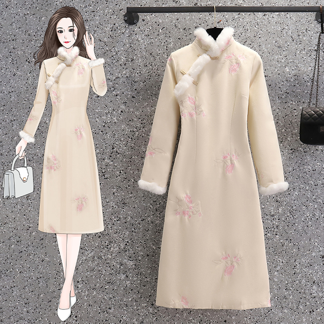 Sukienka Cheongsam Retro Temperament z jesiennej kolekcji - duże rozmiary, nieobszyte brzegi, elegancki print, ciepła i pogrubiona wersja dla kobiet (M-4XL) - tanie ubrania i akcesoria