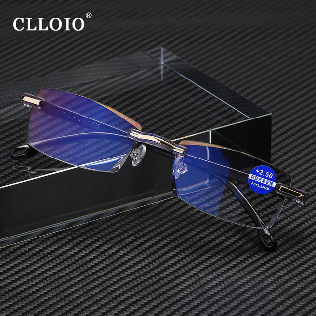 Okulary do czytania kwadratowe bez obramowania CLLOIO z blokadą niebieskiego światła + case + dioptry + dostępne moc: 1.0-4.0 - tanie ubrania i akcesoria