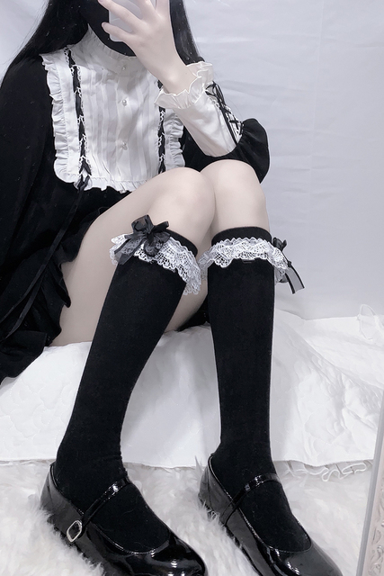 Eleganckie japońskie pończochy koronkowa księżniczka z wstążką - miękka, słodka i jednokolorowa siostra Bowknot do połowy nogi w stylu Lolita (Cosplay) - tanie ubrania i akcesoria
