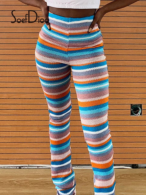 Wysokiej talii spodnie damskie ze stretchem w modnym stylu Streetwear – Paski ułożone, obcisłe, jesień 2021 - tanie ubrania i akcesoria